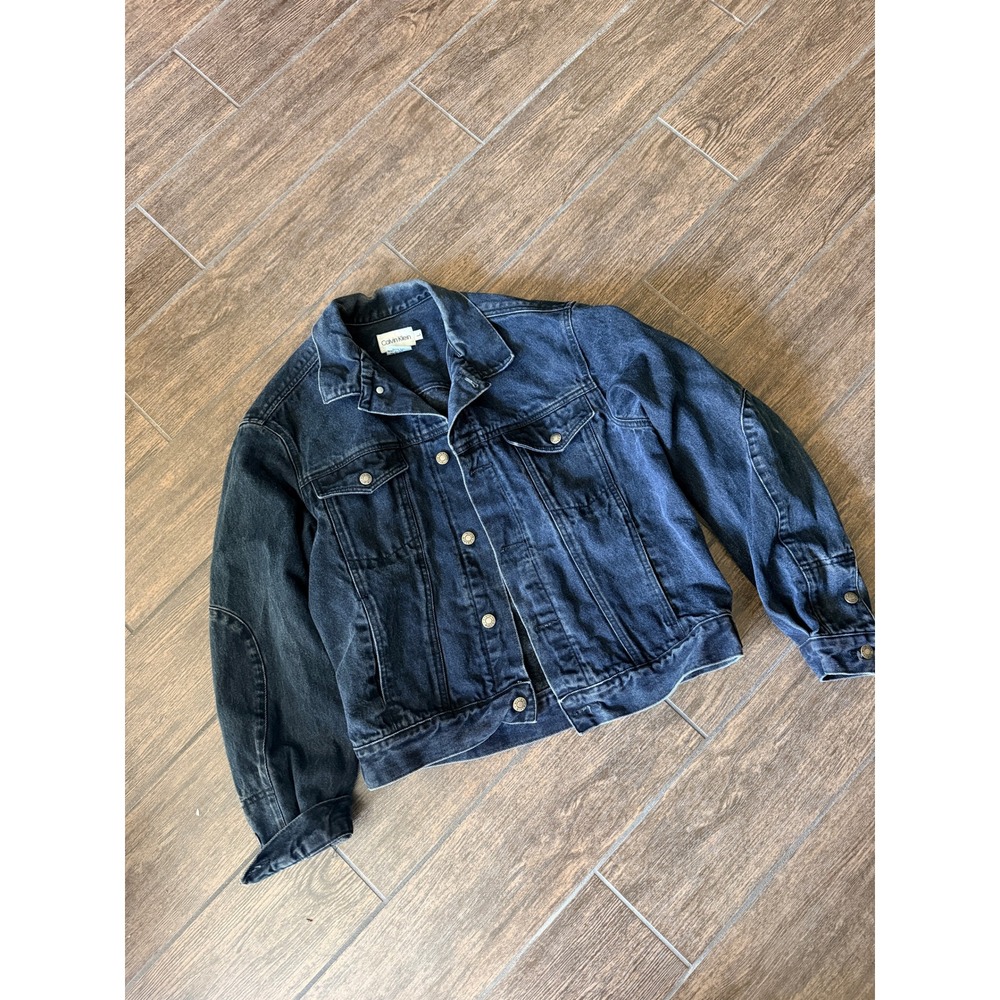 Vintage Calvin Klein Dark Wash Denim Trucker Jacket Black Cotton Size Large